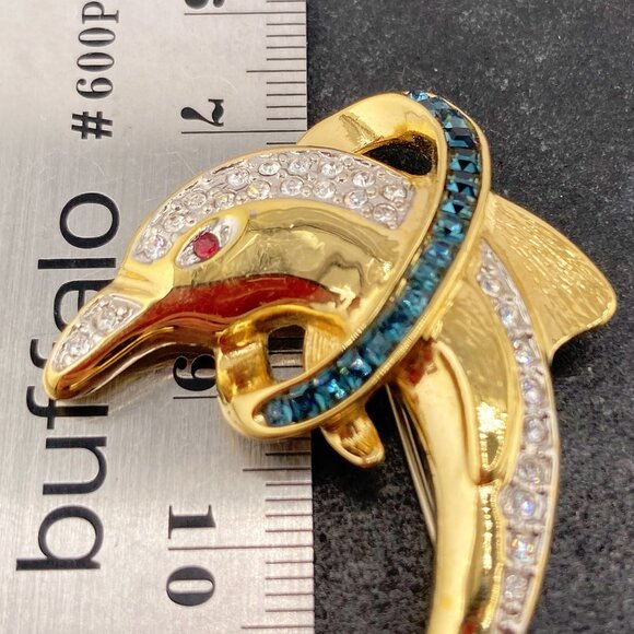 BUTLER Vintage gold tone metal leaping dolphin brooch ~ Signed rhinestone pin - Picture 3 of 10